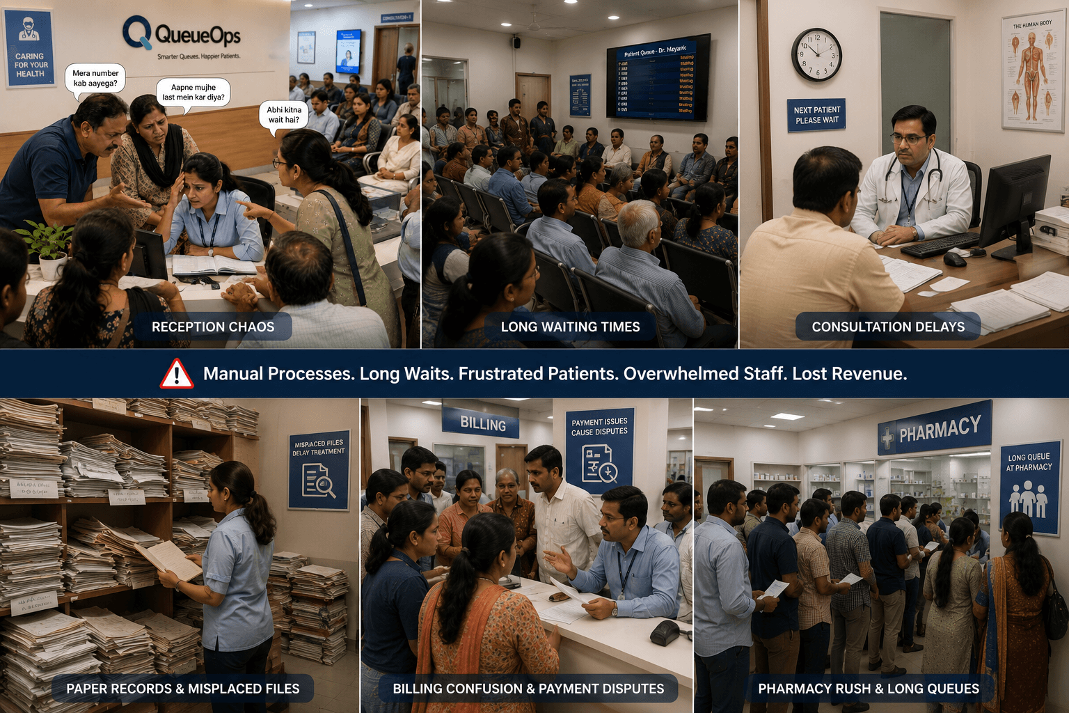 A busy, disorganised clinic reception without QueueOps