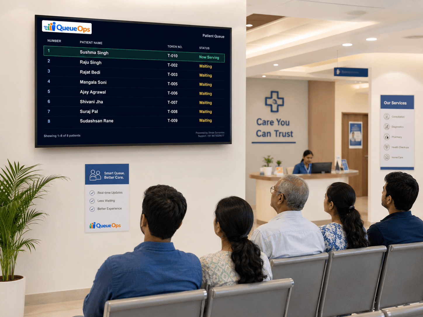 Patients waiting comfortably with a queue display